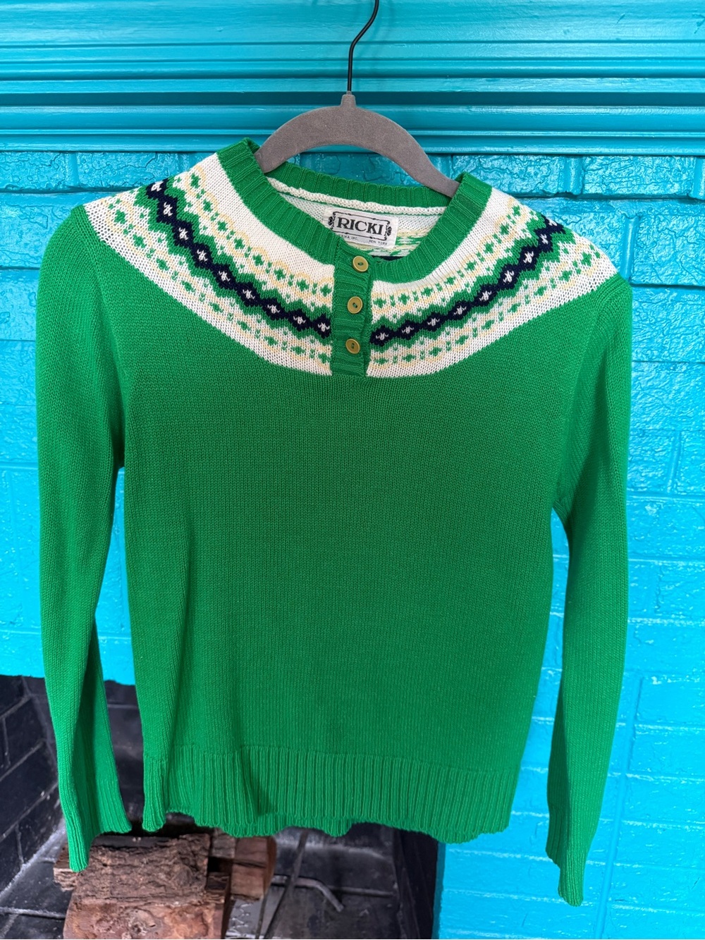 Ricki's Green Nordic Yoke Crewneck Sweater with White & Navy Accents